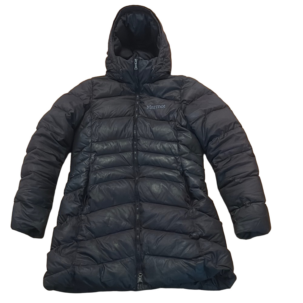 Marmot Women’s Hooded Coat 700 Fill Down Quilted Front Zip Black S/P
